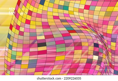 Abstract vector template with futuristic multicolored wire frame geometric shapes. 3D mesh digital science model concept. Web technology cover design. Wavy lines and grid texture. Optical art pattern