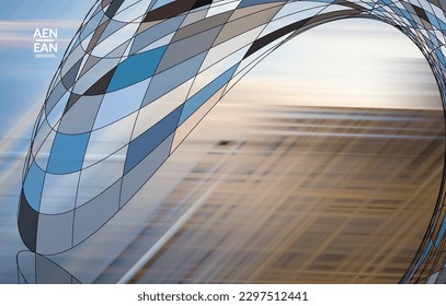 Abstract vector template with futuristic multicolored wire frame geometric shapes. 3D mesh digital science model concept. Web technology cover design. Wavy lines and grid texture. Optical art pattern