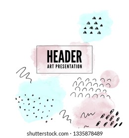 Abstract vector template. Hand drawn texture and watercolor. Trendy graphic design for card, banner, poster, cover. Creative art illustration. Pink and blue background. Gentle pastel colors.