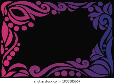 Abstract vector template.  Hand-drawn decorative frame.  Dark background.  Bright colors on a black background.  Use as a postcard, banner, poster, invitation, cover.  Graphic design