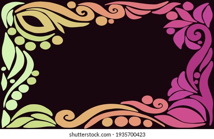 Abstract vector template.  Hand-drawn decorative frame.  Dark background.  Bright colors on a black background.  Shades of pink and light green.  Use as postcard, banner, poster, invitation, cover. 