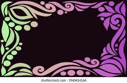 Abstract vector template. Hand-drawn decorative frame. Dark background. Bright colors on a black background. Patterned in shades of lilac, pink and mint. Use as postcard, banner, poster, invitation, c