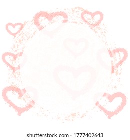 Abstract vector template with heart shapes in scribble or doodle style and with white circle in pastel beige and pink trendy colors as a background for your social media content and banners or flyers.