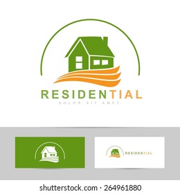Abstract vector template of a real estate green orange logo icon with business cards