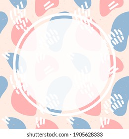 Abstract vector template with shapes in scribble and doodle style and white circle in pastel trendy colors as a background for your social media content and banners or flyers. Seamless texture