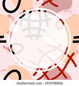 Abstract vector template with shapes in scribble and doodle style and white circle in pastel trendy beige colors as a background for your social media content and banners or flyers. Seamless texture.