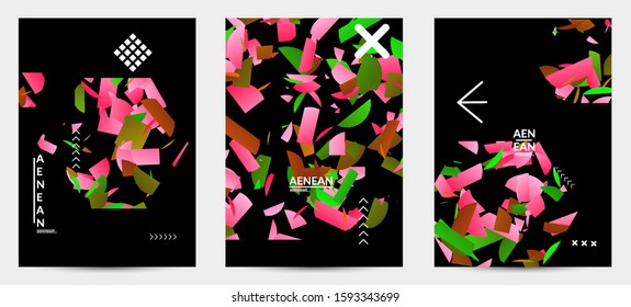 Abstract vector templates with geometric shapes filled with bright colored stripes. Digital hi tech visualization as global information design for marketing technology. Bid data industrial analyses.