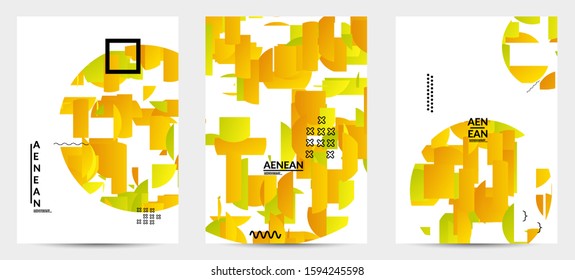 Abstract vector templates with geometric shapes filled with bright colored stripes. Digital hi tech visualization as global information design for marketing technology. Bid data industrial analyses.