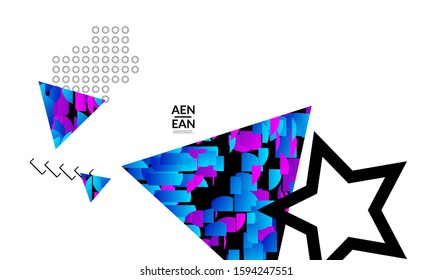 Abstract vector templates with geometric shapes filled with bright colored stripes. Digital hi tech visualization as global information design for marketing technology. Bid data industrial analyses.