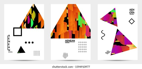 Abstract vector templates with geometric shapes filled with bright colored stripes. Digital hi tech visualization as global information design for marketing technology. Bid data industrial analyses.