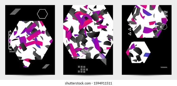 Abstract vector templates with geometric shapes filled with bright colored stripes. Digital hi tech visualization as global information design for marketing technology. Bid data industrial analyses.