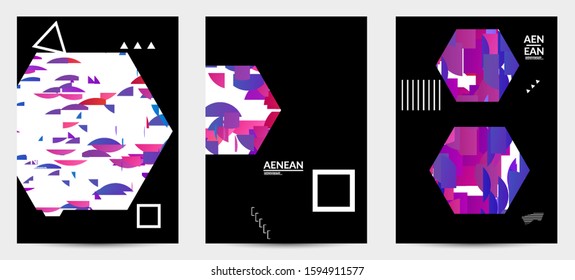 Abstract vector templates with geometric shapes filled with bright colored stripes. Digital hi tech visualization as global information design for marketing technology. Bid data industrial analyses.