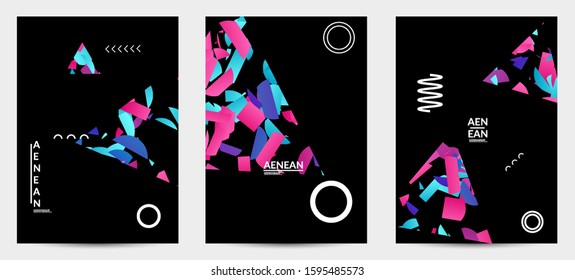 Abstract vector templates with geometric shapes filled with bright colored stripes. Digital hi tech visualization as global information design for marketing technology. Bid data industrial analyses.