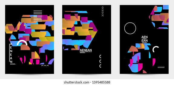 Abstract vector templates with geometric shapes filled with bright colored stripes. Digital hi tech visualization as global information design for marketing technology. Bid data industrial analyses.