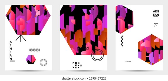 Abstract vector templates with geometric shapes filled with bright colored stripes. Digital hi tech visualization as global information design for marketing technology. Bid data industrial analyses.