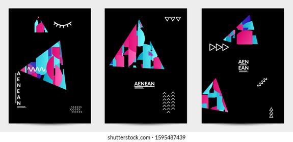 Abstract vector templates with geometric shapes filled with bright colored stripes. Digital hi tech visualization as global information design for marketing technology. Bid data industrial analyses.