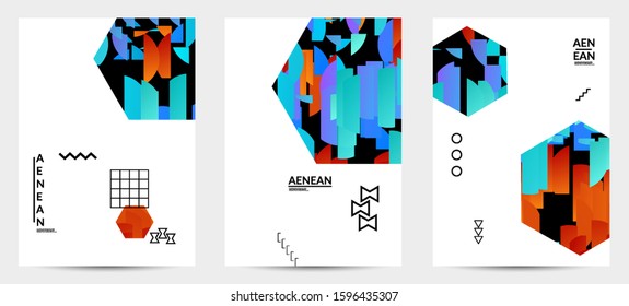 Abstract vector templates with geometric shapes filled with bright colored stripes. Digital hi tech visualization as global information design for marketing technology. Bid data industrial analyses.