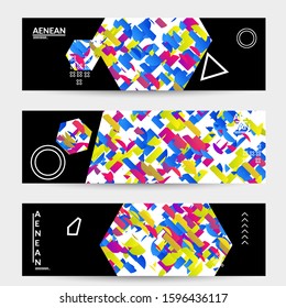 Abstract vector templates with geometric shapes filled with bright colored stripes. Digital hi tech visualization as global information design for marketing technology. Bid data industrial analyses.