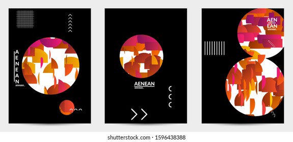 Abstract vector templates with geometric shapes filled with bright colored stripes. Digital hi tech visualization as global information design for marketing technology. Bid data industrial analyses.