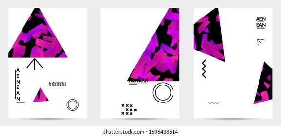 Abstract vector templates with geometric shapes filled with bright colored stripes. Digital hi tech visualization as global information design for marketing technology. Bid data industrial analyses.