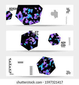 Abstract vector templates with geometric shapes filled with bright colored stripes. Digital hi tech visualization as global information design for marketing technology. Bid data industrial analyses.