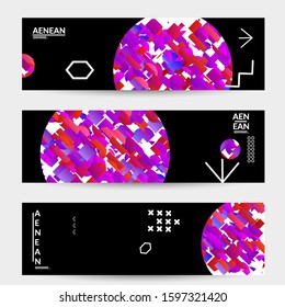Abstract vector templates with geometric shapes filled with bright colored stripes. Digital hi tech visualization as global information design for marketing technology. Bid data industrial analyses.