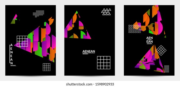 Abstract vector templates with geometric shapes filled with bright colored stripes. Digital hi tech visualization as global information design for marketing technology. Bid data industrial analyses.