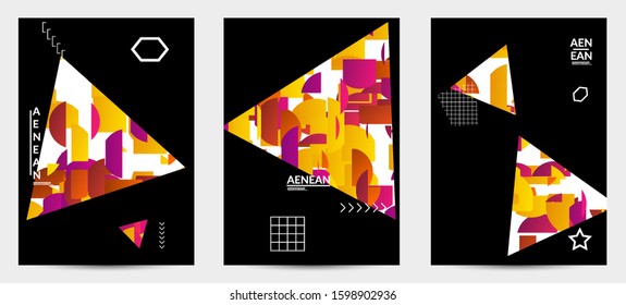 Abstract vector templates with geometric shapes filled with bright colored stripes. Digital hi tech visualization as global information design for marketing technology. Bid data industrial analyses.