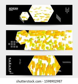 Abstract vector templates with geometric shapes filled with bright colored stripes. Digital hi tech visualization as global information design for marketing technology. Bid data industrial analyses.