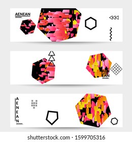 Abstract vector templates with geometric shapes filled with bright colored stripes. Digital hi tech visualization as global information design for marketing technology. Bid data industrial analyses.