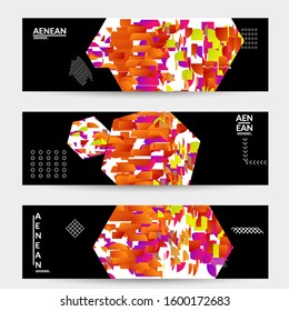 Abstract vector templates with geometric shapes filled with bright colored stripes. Digital hi tech visualization as global information design for marketing technology. Bid data industrial analyses.