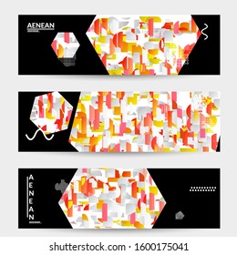 Abstract vector templates with geometric shapes filled with bright colored stripes. Digital hi tech visualization as global information design for marketing technology. Bid data industrial analyses.