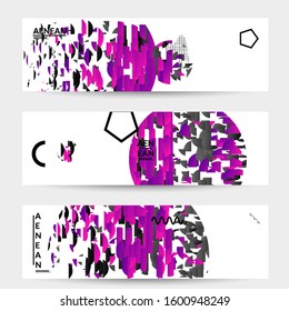 Abstract vector templates with geometric shapes filled with bright colored stripes. Digital hi tech visualization as global information design for marketing technology. Bid data industrial analyses.