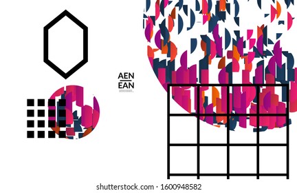 Abstract vector templates with geometric shapes filled with bright colored stripes. Digital hi tech visualization as global information design for marketing technology. Bid data industrial analyses.