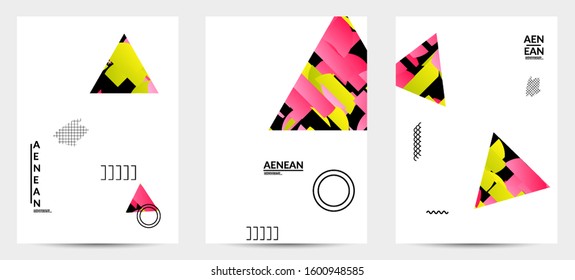 Abstract vector templates with geometric shapes filled with bright colored stripes. Digital hi tech visualization as global information design for marketing technology. Bid data industrial analyses.