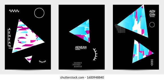 Abstract vector templates with geometric shapes filled with bright colored stripes. Digital hi tech visualization as global information design for marketing technology. Bid data industrial analyses.