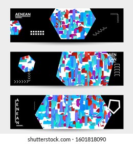 Abstract vector templates with geometric shapes filled with bright colored stripes. Digital hi tech visualization as global information design for marketing technology. Bid data industrial analyses.