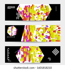 Abstract vector templates with geometric shapes filled with bright colored stripes. Digital hi tech visualization as global information design for marketing technology. Bid data industrial analyses.