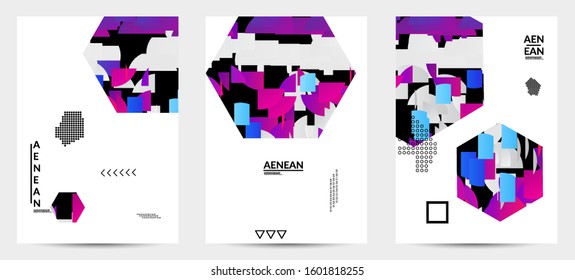 Abstract vector templates with geometric shapes filled with bright colored stripes. Digital hi tech visualization as global information design for marketing technology. Bid data industrial analyses.