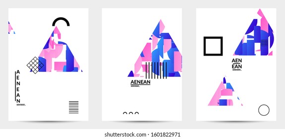 Abstract vector templates with geometric shapes filled with bright colored stripes. Digital hi tech visualization as global information design for marketing technology. Bid data industrial analyses.