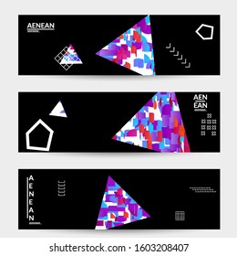 Abstract vector templates with geometric shapes filled with bright colored stripes. Digital hi tech visualization as global information design for marketing technology. Bid data industrial analyses.