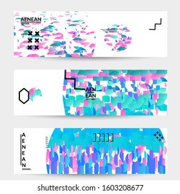 Abstract vector templates with geometric shapes filled with bright colored stripes. Digital hi tech visualization as global information design for marketing technology. Bid data industrial analyses.
