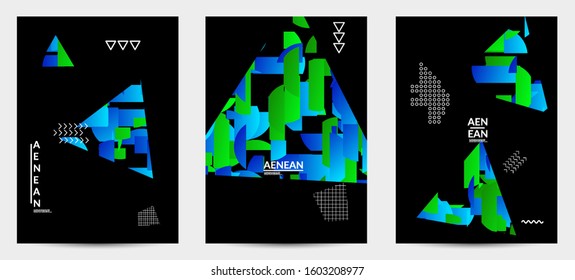 Abstract vector templates with geometric shapes filled with bright colored stripes. Digital hi tech visualization as global information design for marketing technology. Bid data industrial analyses.