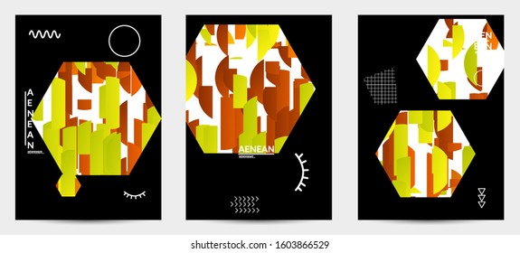 Abstract vector templates with geometric shapes filled with bright colored stripes. Digital hi tech visualization as global information design for marketing technology. Bid data industrial analyses.