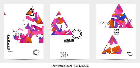 Abstract vector templates with geometric shapes filled with bright colored stripes. Digital hi tech visualization as global information design for marketing technology. Big data industrial analyses.