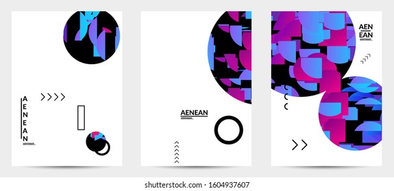 Abstract vector templates with geometric shapes filled with bright colored stripes. Digital hi tech visualization as global information design for marketing technology. Big data industrial analyses.