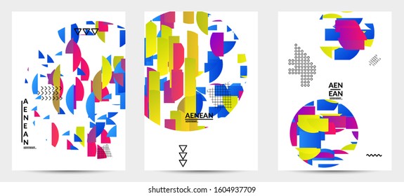 Abstract vector templates with geometric shapes filled with bright colored stripes. Digital hi tech visualization as global information design for marketing technology. Bid data industrial analyses.