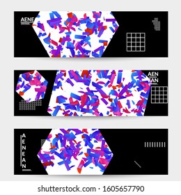 Abstract vector templates with geometric shapes filled with bright colored stripes. Digital hi tech visualization as global information design for marketing technology. Bid data industrial analyses.