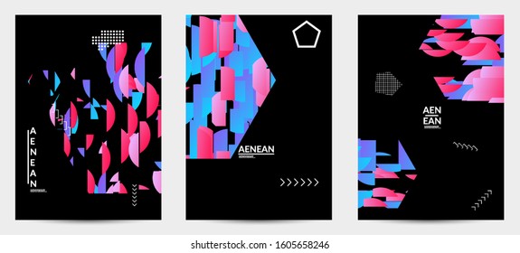 Abstract vector templates with geometric shapes filled with bright colored stripes. Digital hi tech visualization as global information design for marketing technology. Bid data industrial analyses.