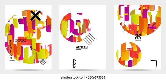 Abstract vector templates with geometric shapes filled with bright colored stripes. Digital hi tech visualization as global information design for marketing technology. Bid data industrial analyses.